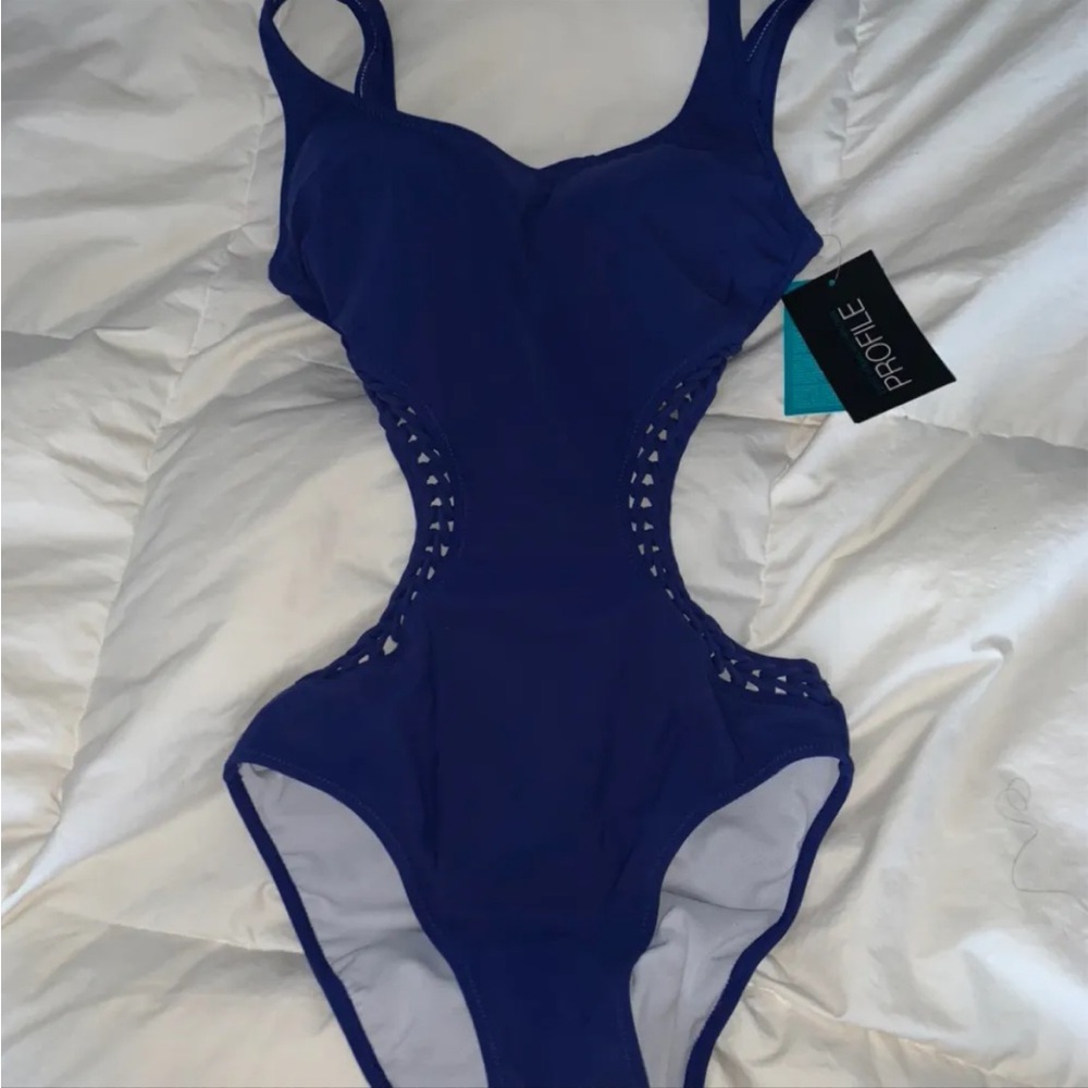 One piece blue bathing suit
